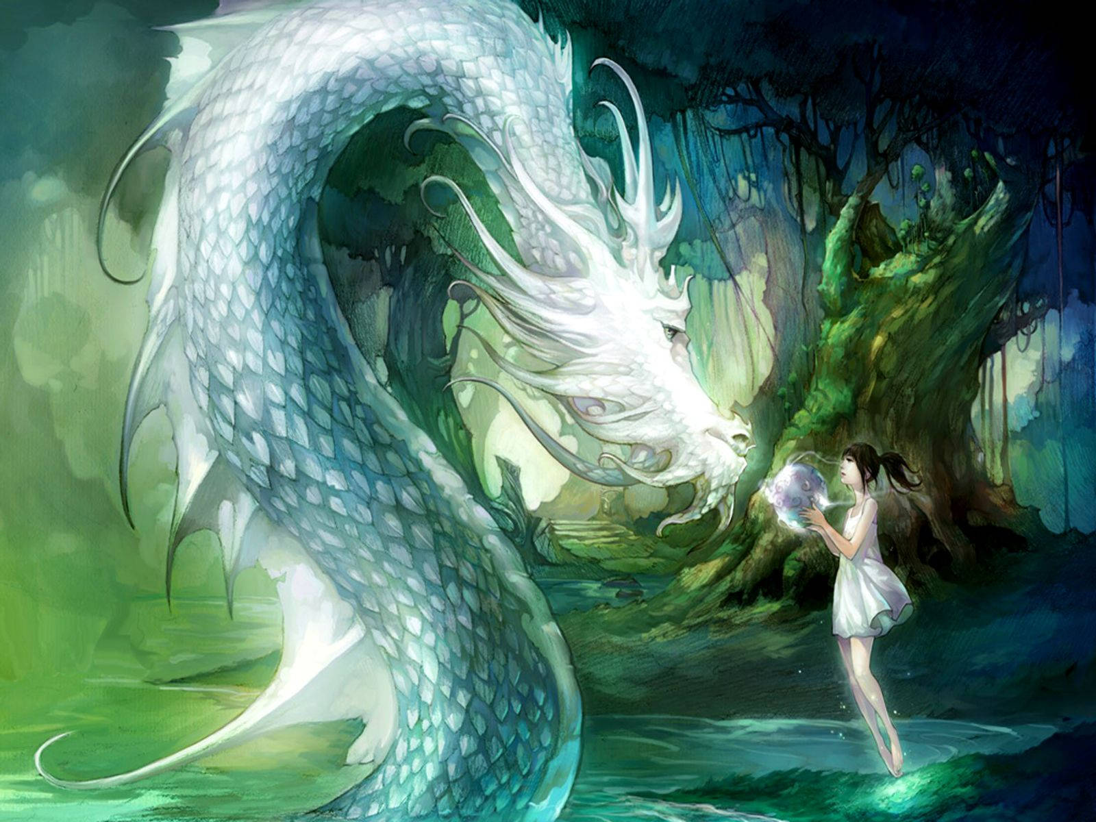 一個穿著白色連衣裙的女孩手持發光的球體，面對著神秘森林中的一隻大白色龍。