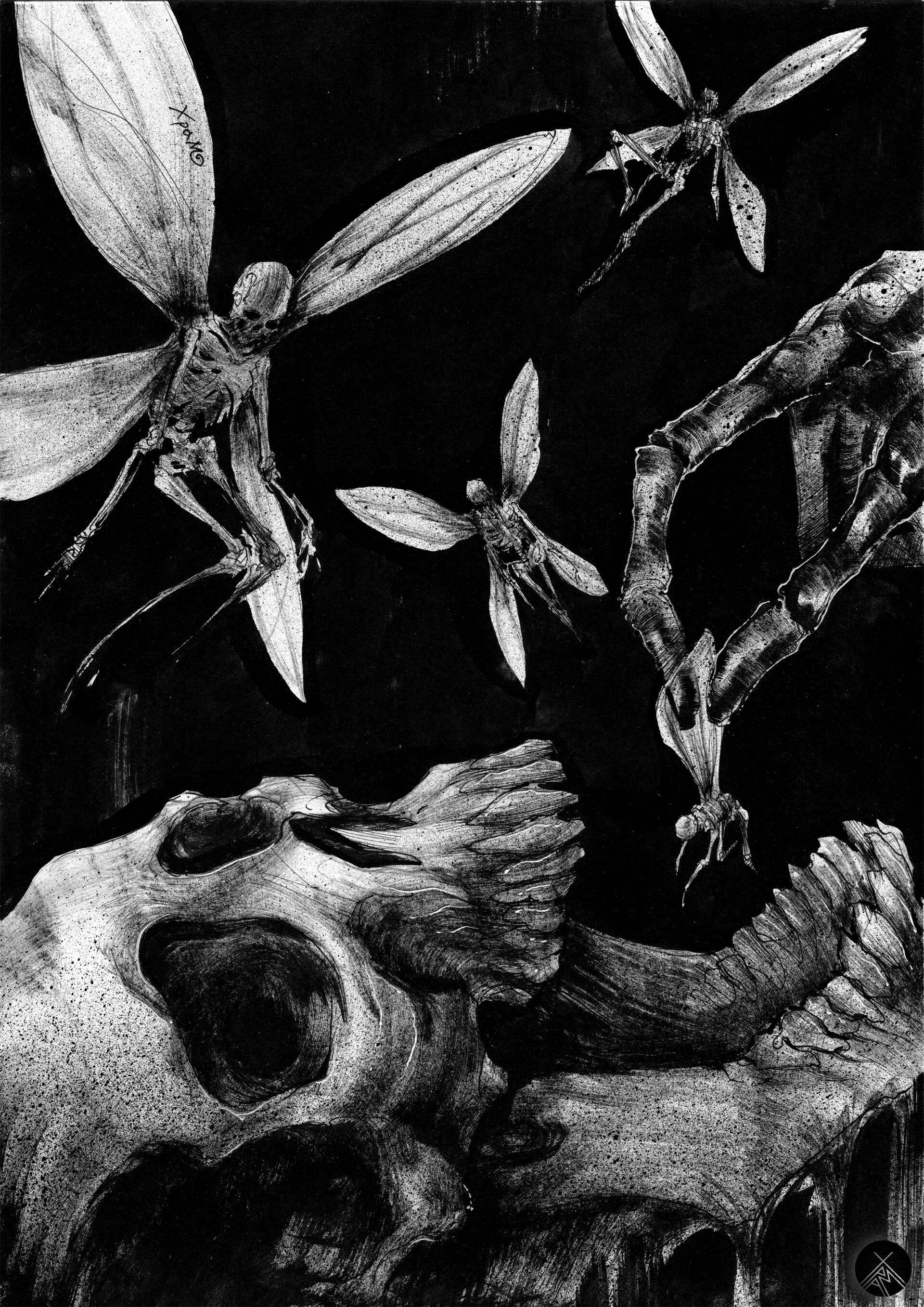精靈龐克吃骷髏精靈 壁紙 — 骸骨蜻蜓在一個令人難忘的黑白插圖中，盤旋在頭骨和扭曲的骨結構上方。