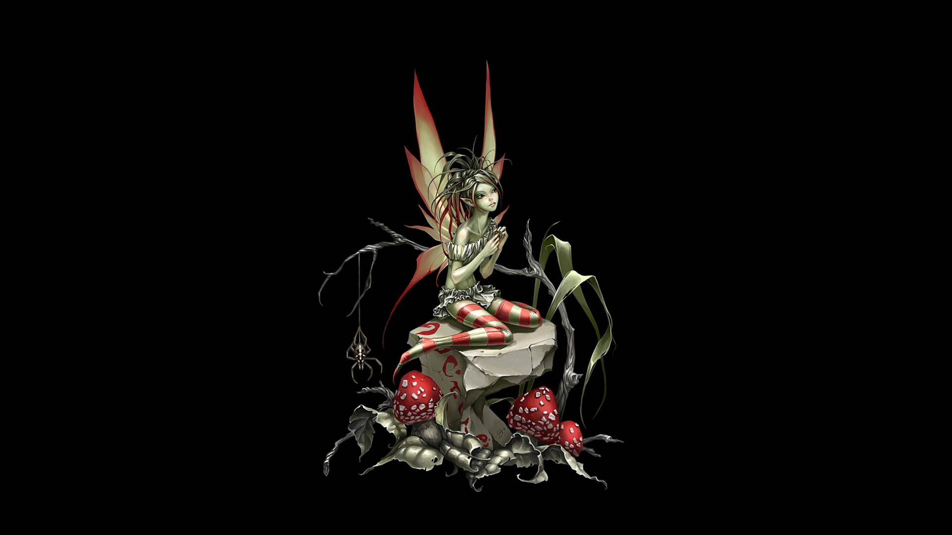 精靈龐克綠色精靈 壁紙 — 一個蒼白的仙女，長著紅白相間的翅膀，坐在一塊被紅色蘑菇和黑暗藤蔓包圍的石頭上，背景是黑色。