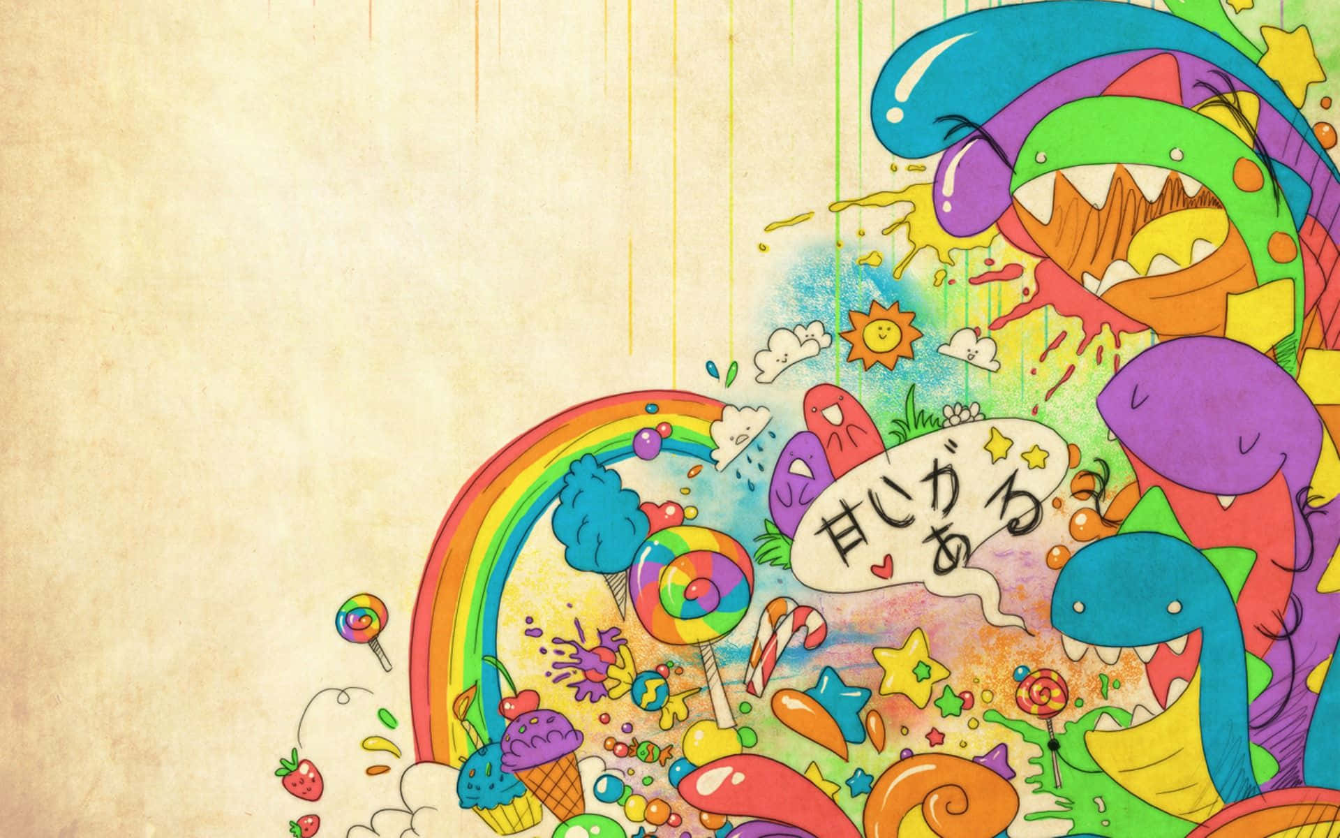 Vintage Cartoon Aesthetic 桌布 壁紙 — 糖果、彩虹、恐龍和甜點從復古紙背景中迸發出來的鮮豔卡通爆炸。