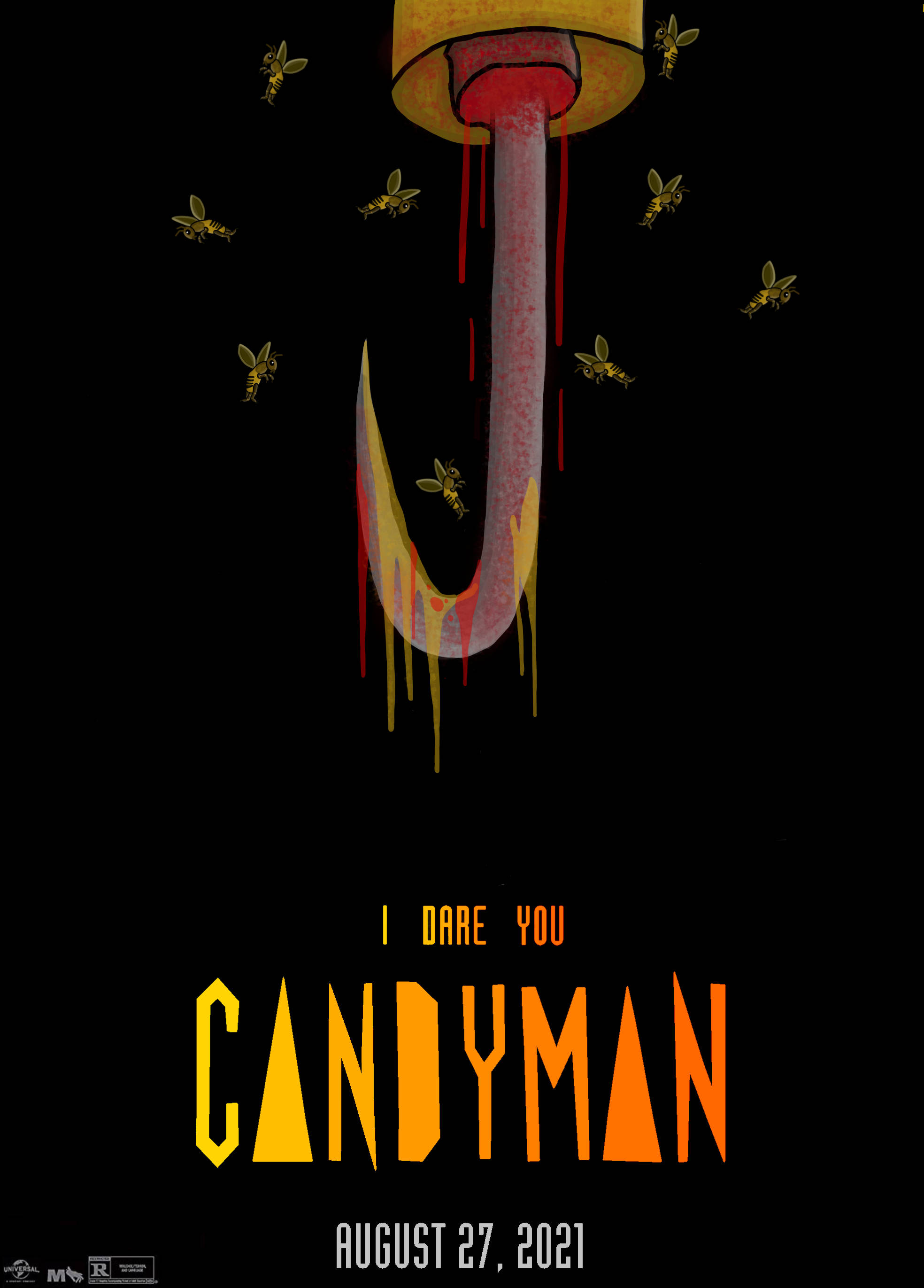 糖果人2021電影海報 壁紙 — 一個威脅性的鉤子在黑色背景上滴下紅色和黃色的液體，伴隨著嗡嗡作響的蜜蜂和粗體的電影標題文字。