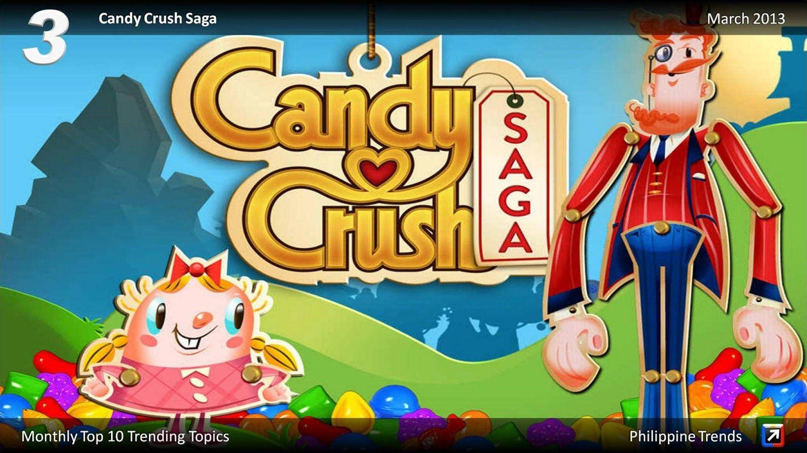 Candy Crush Saga 遊戲標題，帶有卡通角色和糖果。
