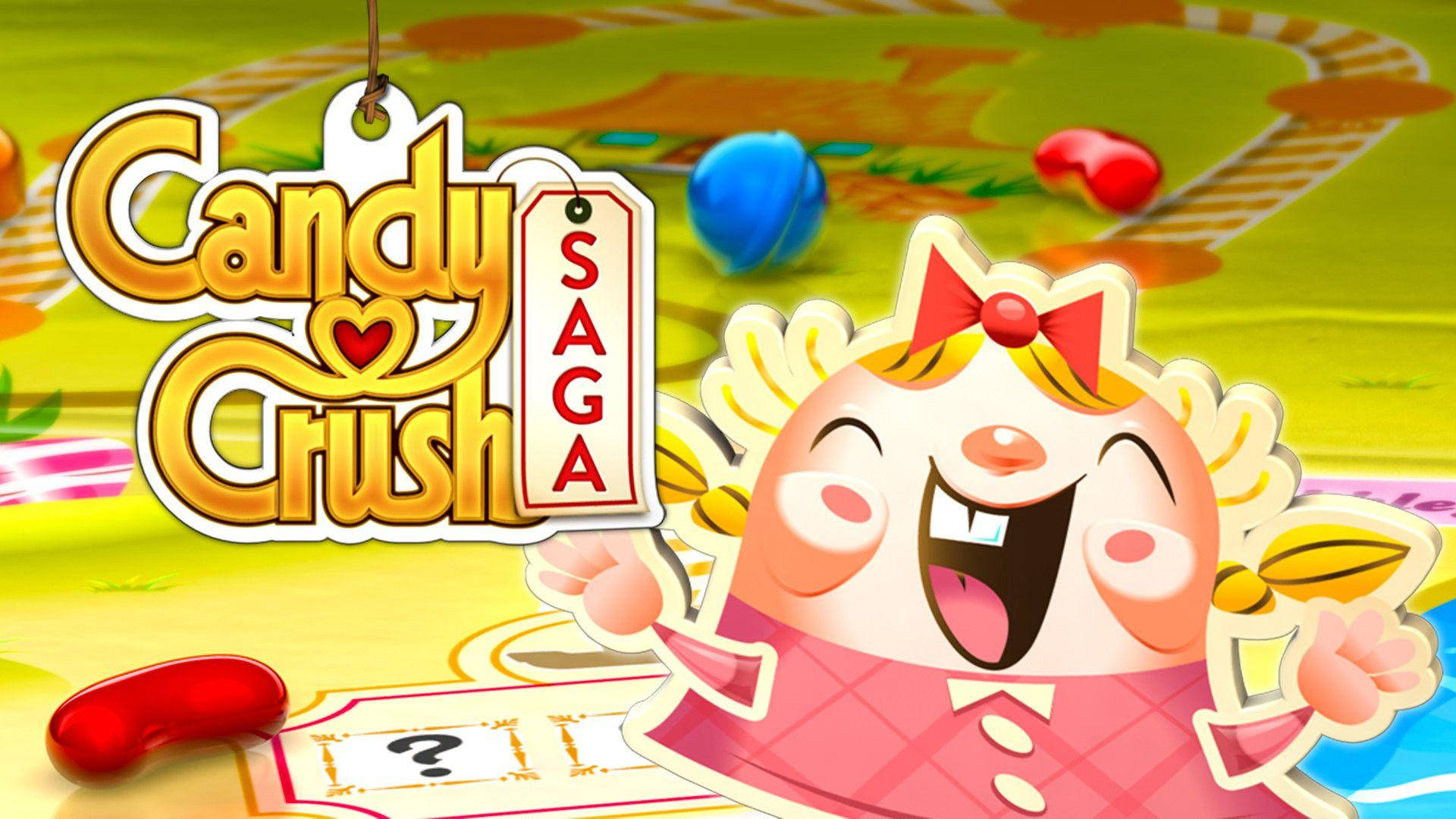 Candy Crush Saga遊戲標誌，配以開心卡通角色和色彩繽紛的糖果。