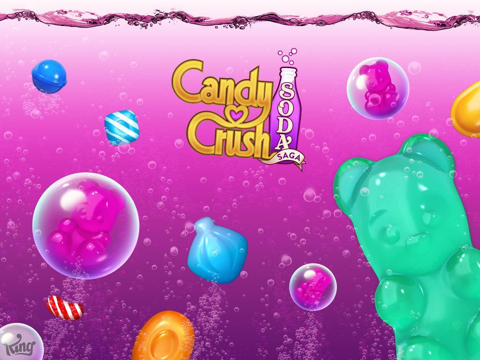 Candy Crush Soda Saga 標誌，漂浮在粉紅色汽水氣泡中的軟糖熊和糖果。