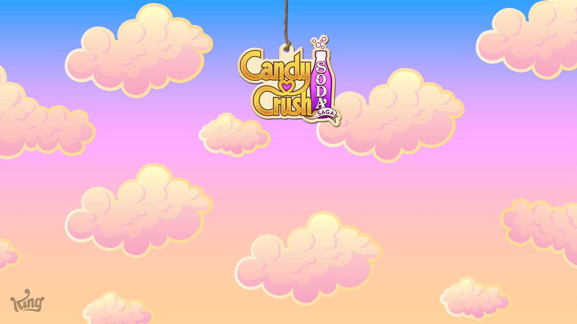 Candy Crush Soda Saga 標誌懸掛在粉彩雲朵的天空中。