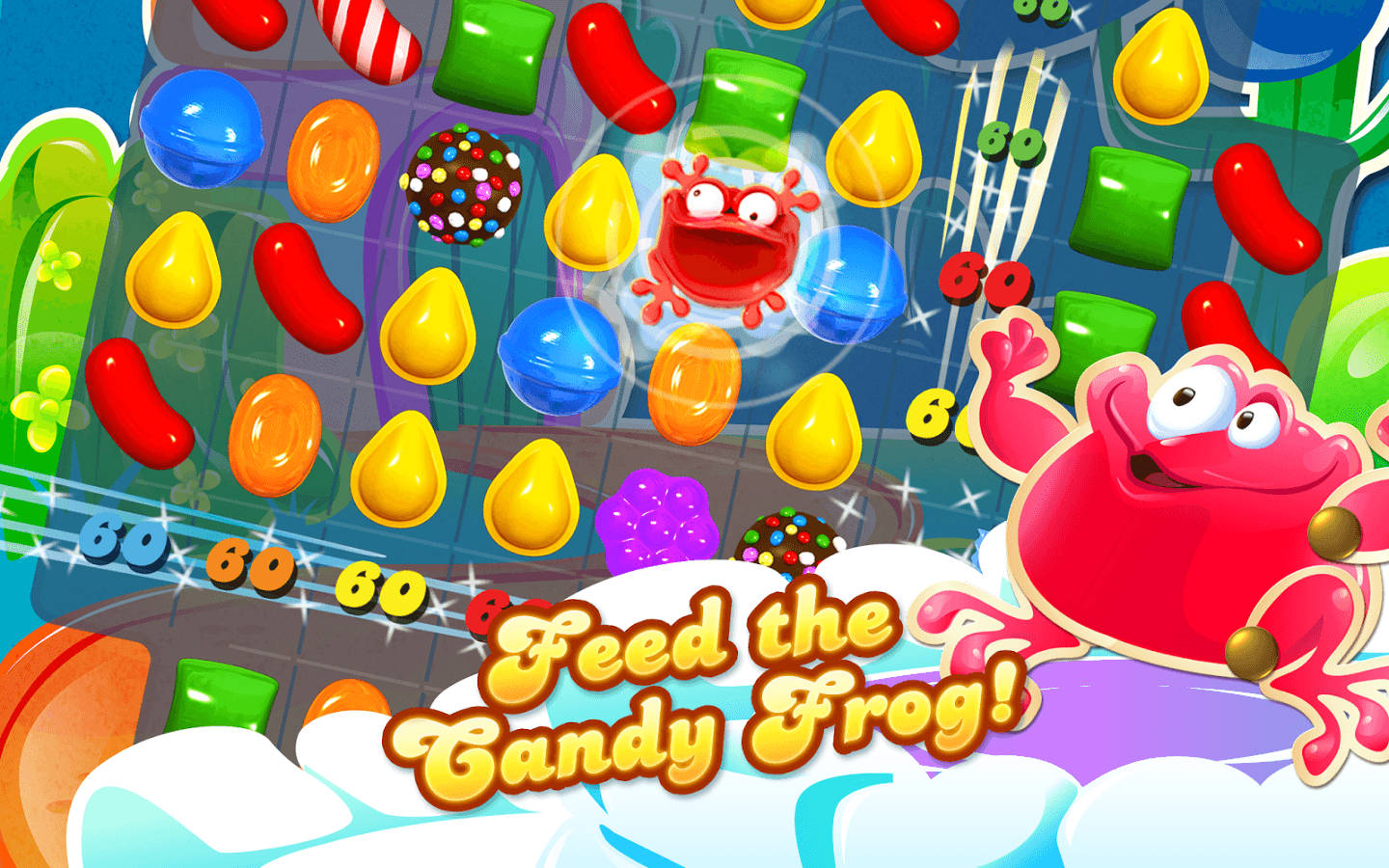 一隻紅色卡通青蛙在色彩繽紛的遊戲中吃糖果，上面寫著「Feed the Candy Frog!」。