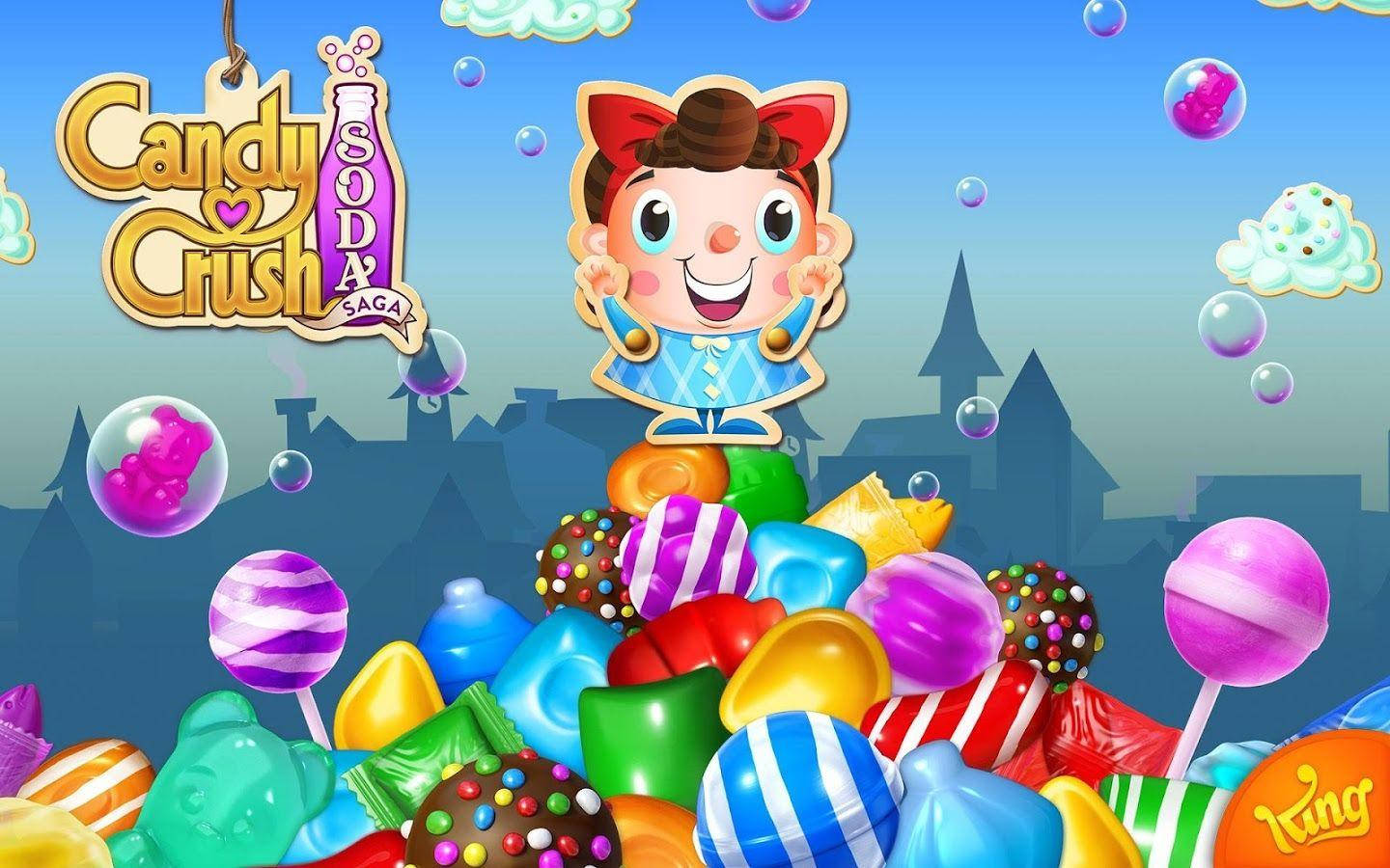 Candy Crush Soda Saga 遊戲標誌，男孩被糖果和氣泡包圍。