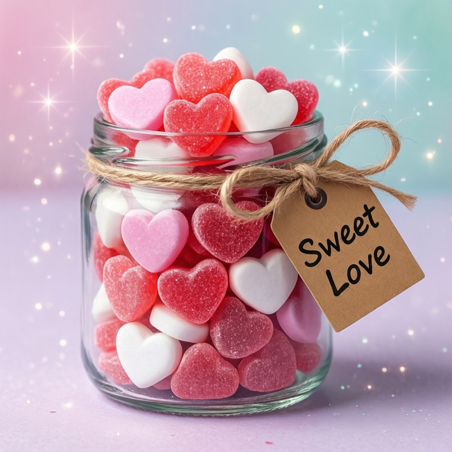 玻璃罐裝滿心形糖果，標籤寫著 sweet love，附有麻繩標籤。
