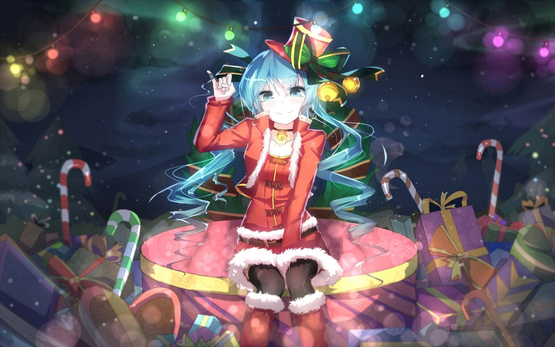 動漫女孩穿著紅色聖誕老人服裝，在發光的燈光下被拐杖糖和禮物包圍。