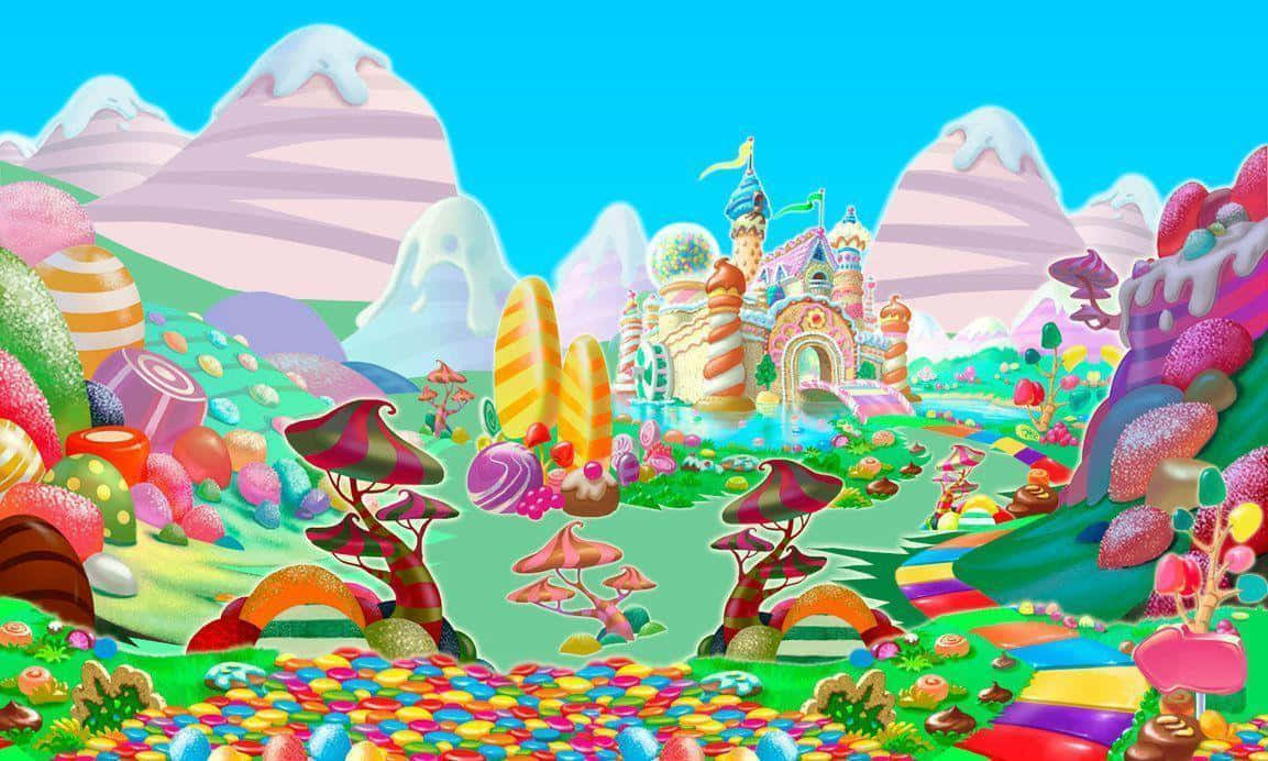 以糖果為主題的奇幻景觀，有城堡和棒棒糖樹。