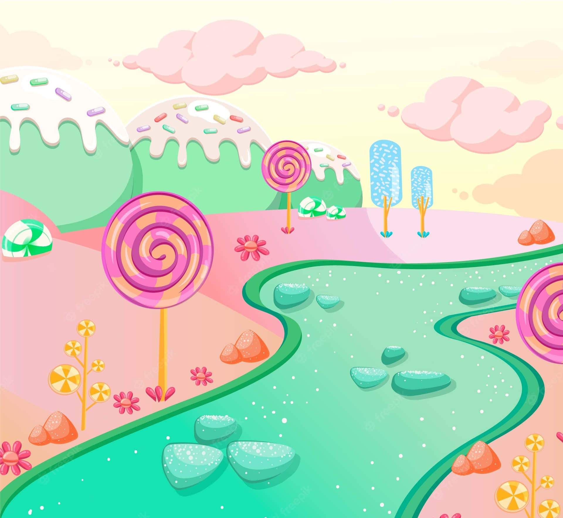 一個色彩繽紛的糖果主題風景，有巨大的棒棒糖和一條閃閃發光的河流。