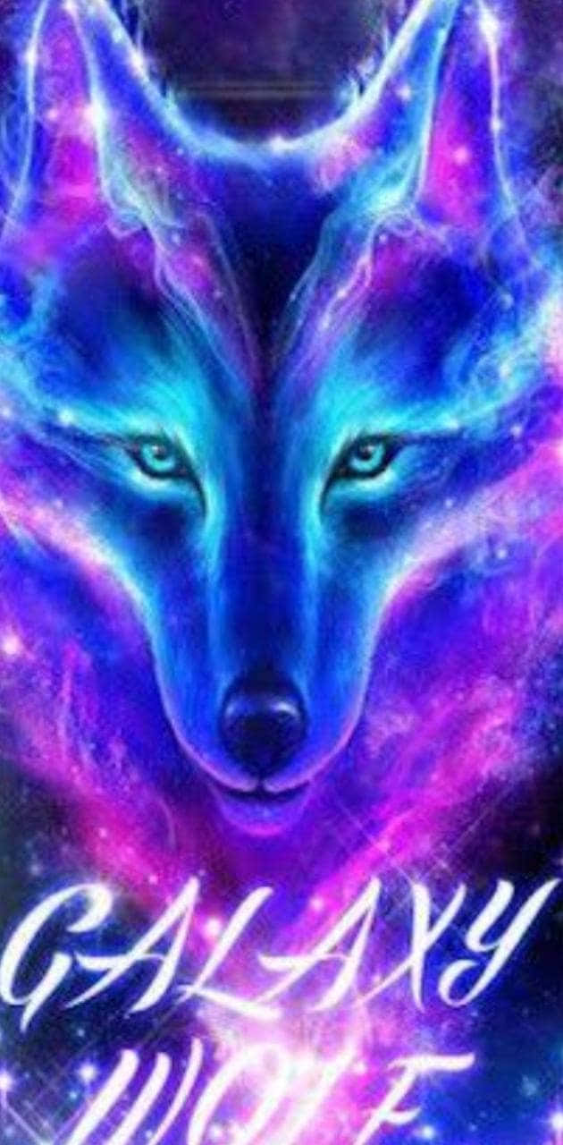 由發光宇宙雲和星星組成的狼臉，帶有文字 galaxy wolf。