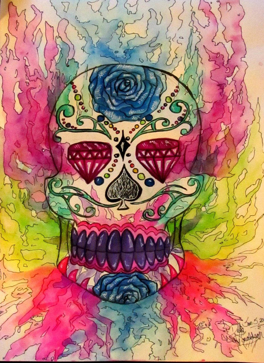色彩繽紛的糖骷髏，帶有玫瑰和寶石眼睛，水彩風格。