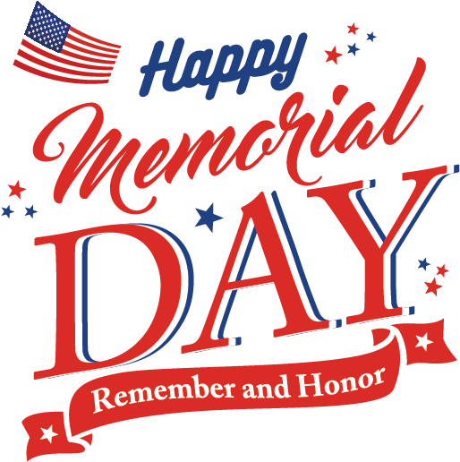 紀念日慶祝圖形 壁紙 — 大膽的紅、藍、白 'Happy Memorial Day' 文字，配以美國國旗星星和橫幅，向陣亡將士致敬。