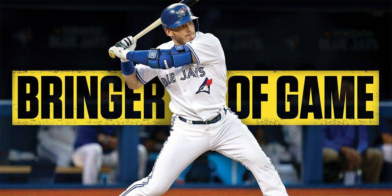 棒球手揮棒，身後有「bringer of game」橫幅。
