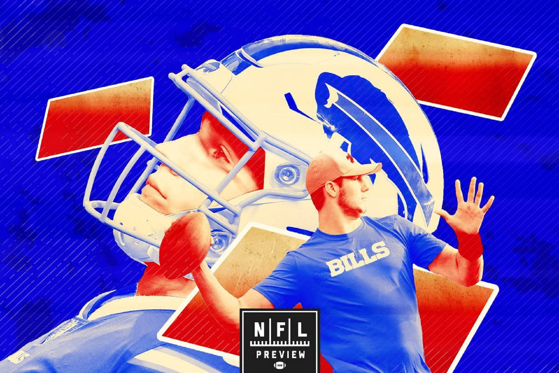 約什·艾倫NFL四分衛 壁紙 — 一名身穿比爾隊球衣和頭盔的動感NFL美式足球員，從大膽的藍紅圖形設計中浮現。