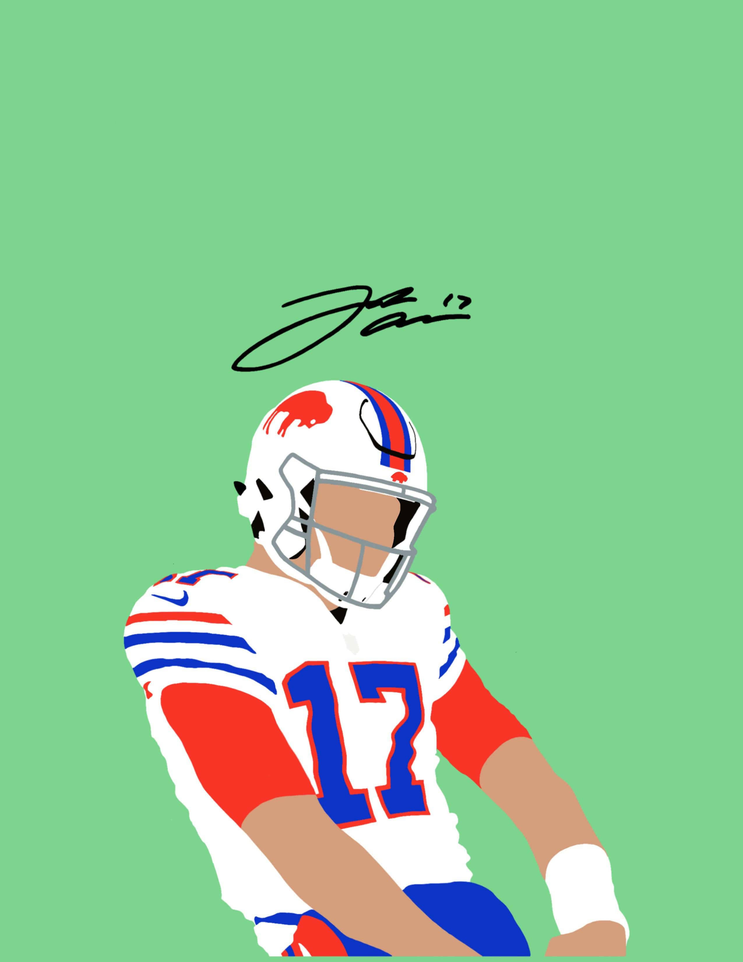 約什·艾倫NFL極簡主義藝術 壁紙 — 水牛城比爾隊美式足球員的極簡插圖，身穿白、紅、藍色球衣，號碼17，背景為純綠色。