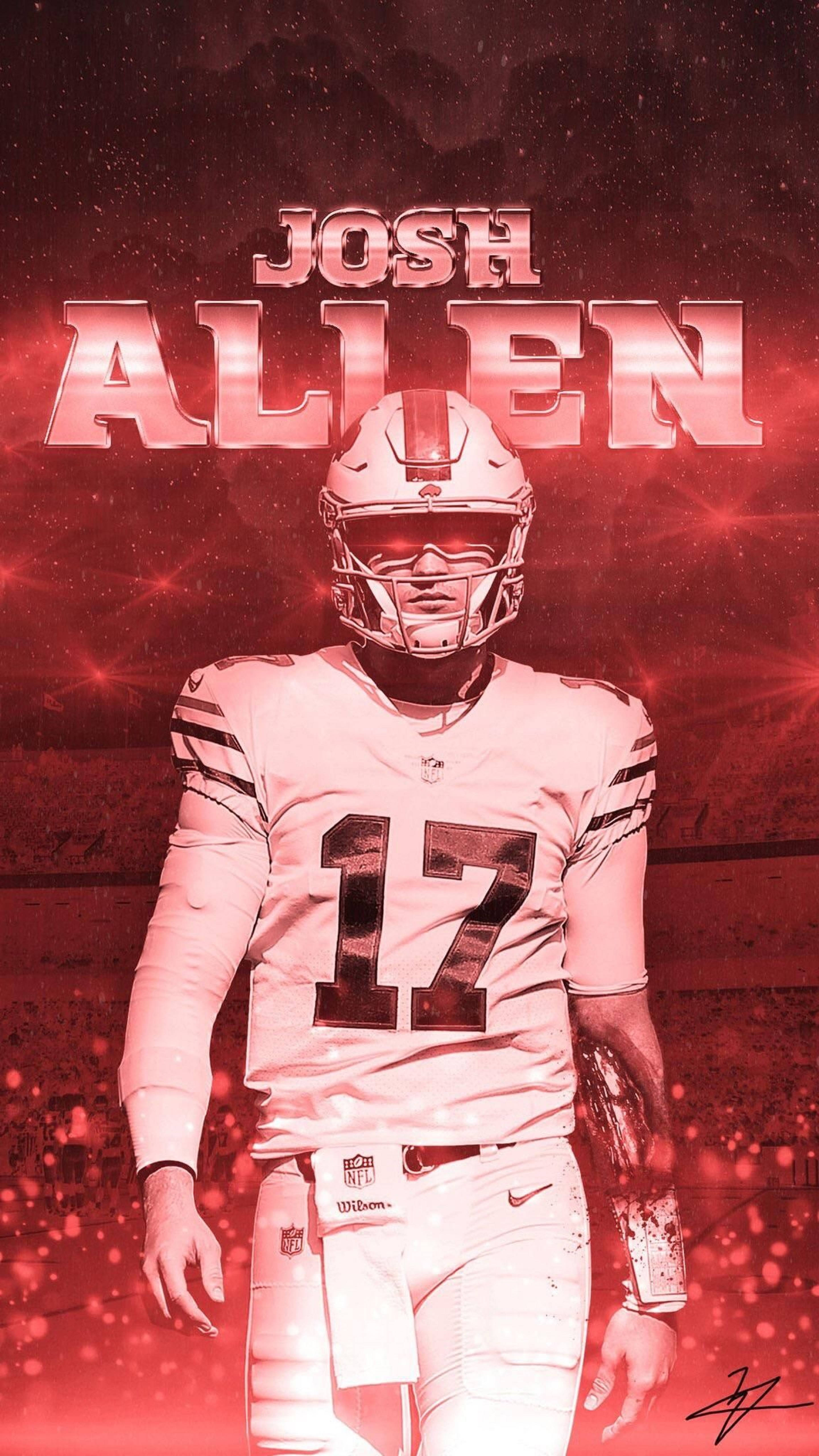 約什·艾倫風格化海報 壁紙 — 穿著白色17號球衣的足球四分衛Josh Allen，在發光的紅色星空背景下自信地站立，上方有他的名字。