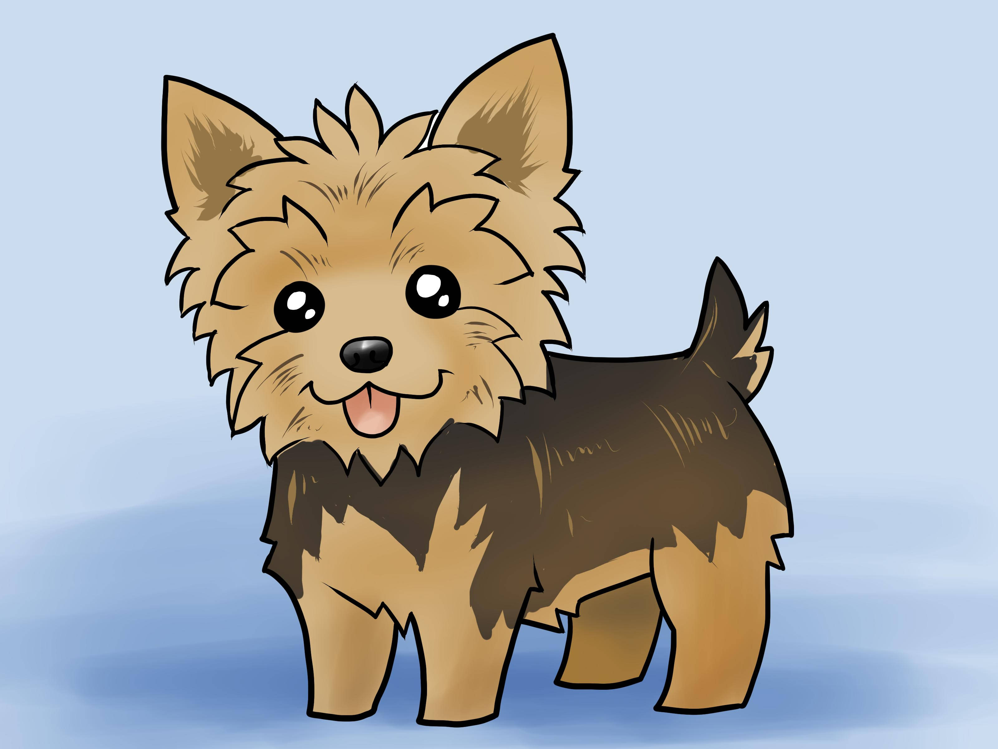 約克夏幼犬數位藝術 壁紙 — 一隻快樂的插圖約克夏㹴，擁有蓬鬆的淺棕色和棕色毛髮，愉快地站在柔和的藍色漸變背景前。