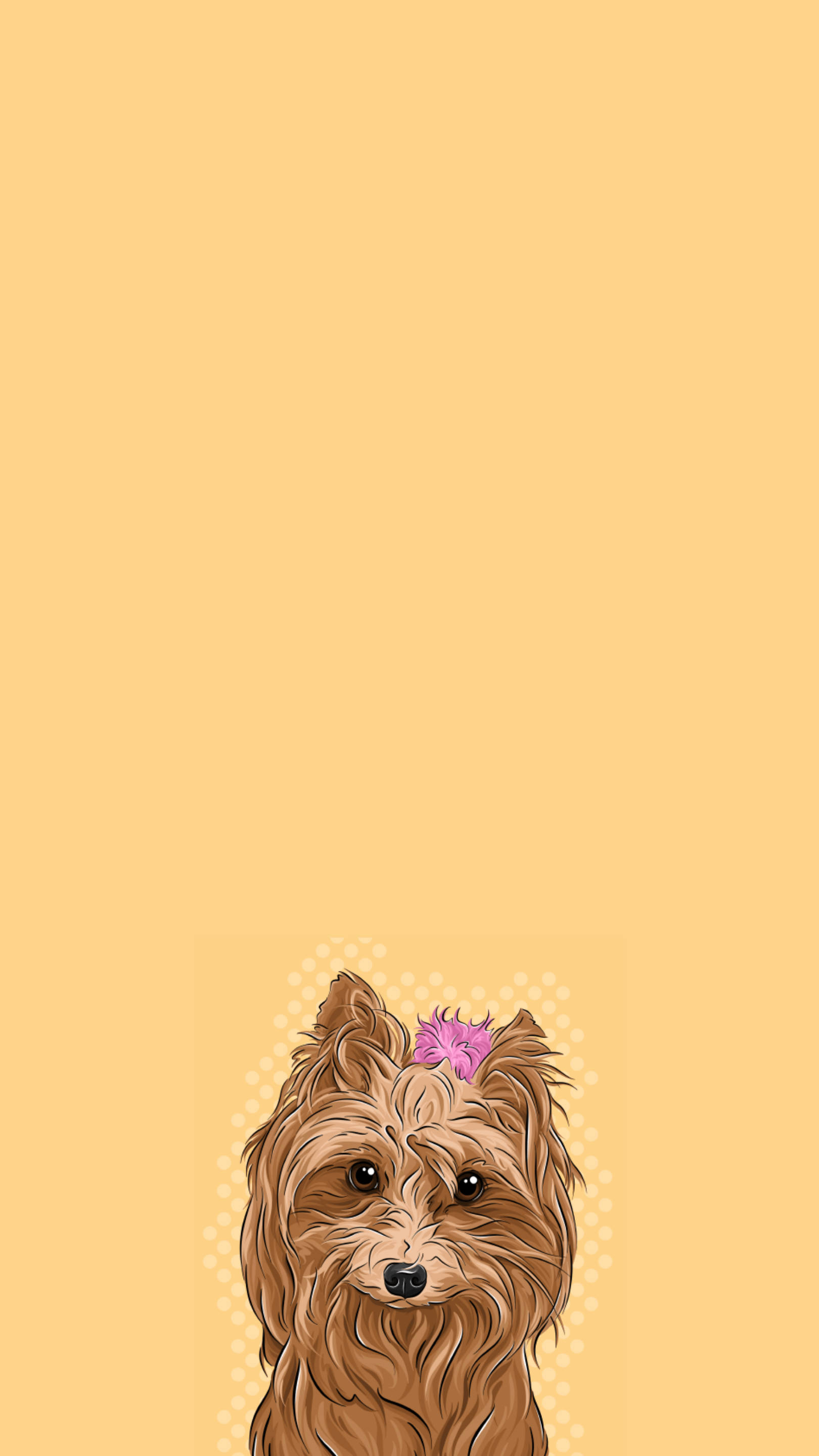 約克夏犬粉紅絲帶藝術 壁紙 — 一隻可愛的插畫約克夏㹴，戴著粉紅色蝴蝶結，在柔和的黃色圓點背景上仰望。