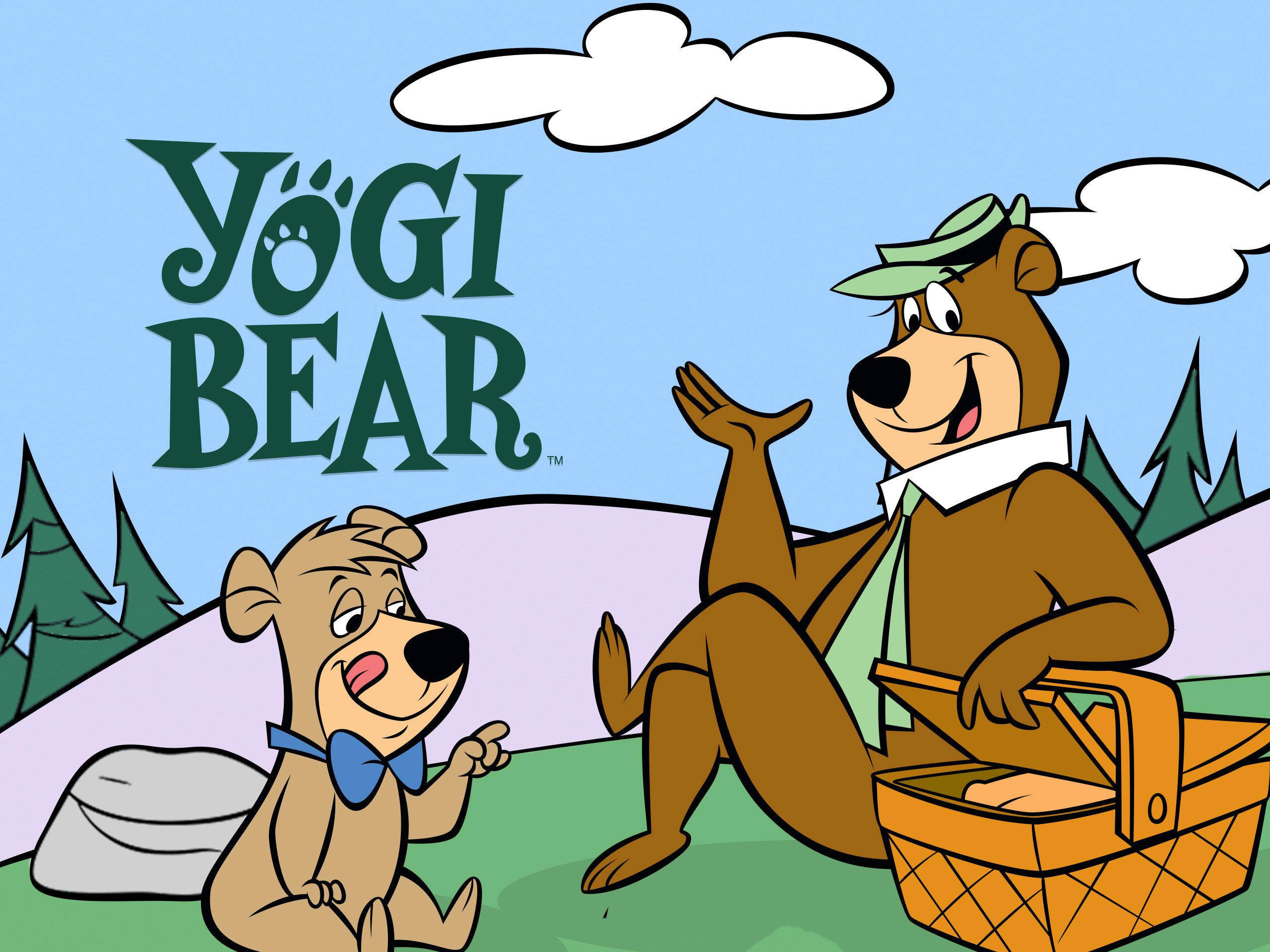 約吉熊與布布野餐海報 壁紙 — Yogi Bear 和 Boo Boo 在卡通森林中享受陽光明媚的野餐，有綠樹和藍天。