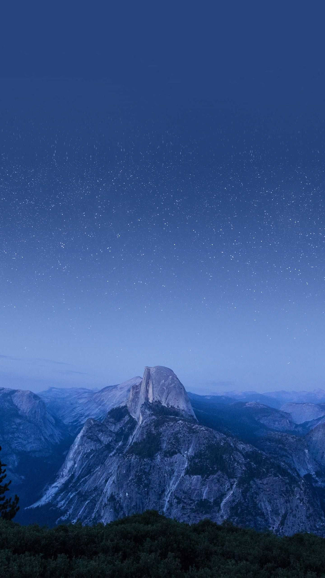 半圓頂山在繁星點點的夜空下，呈現深藍色調和樹木剪影。