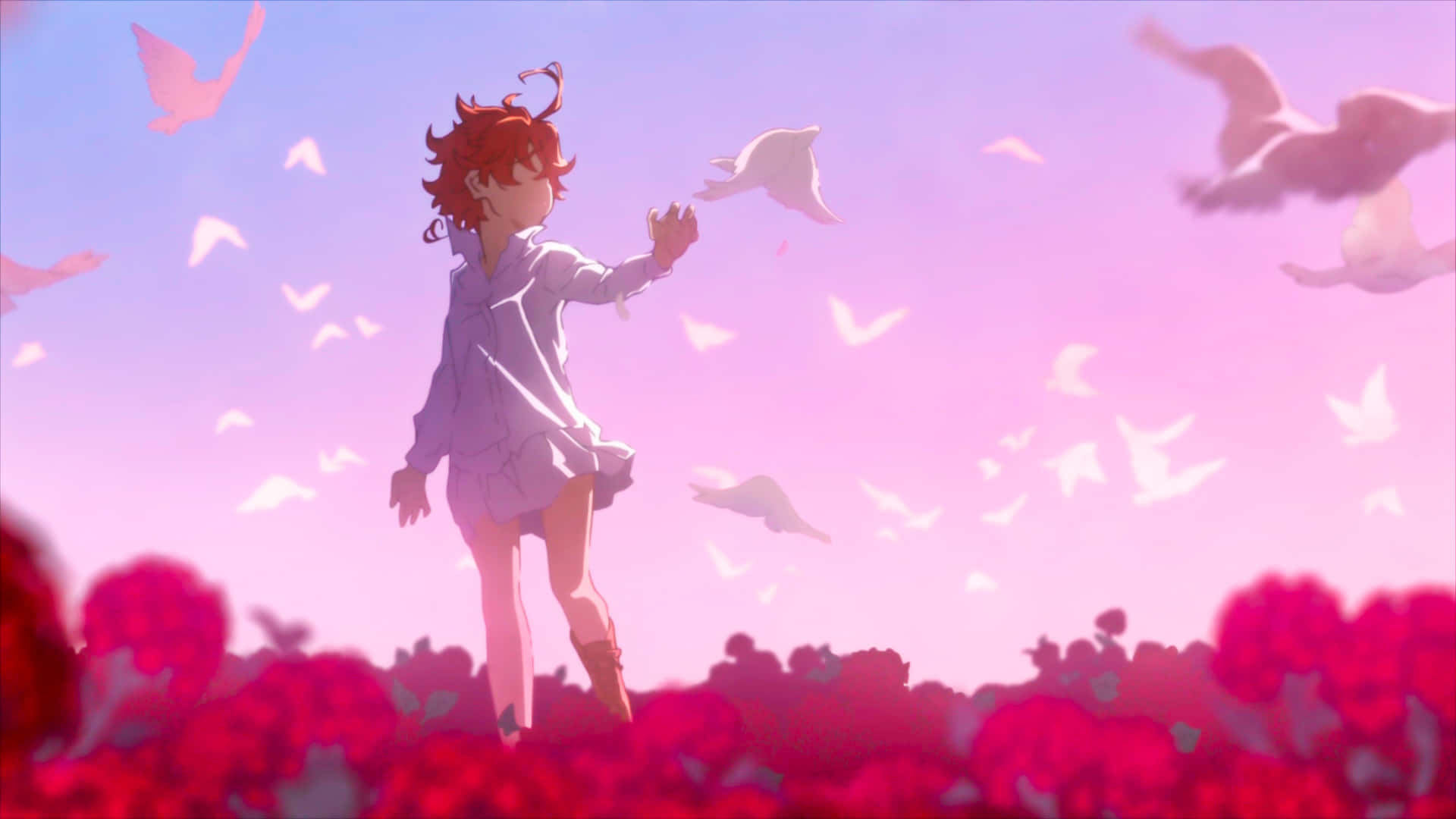 在柔和粉紅天空下，紅髮動漫女孩在粉紅花田中伸手觸碰鳥兒。