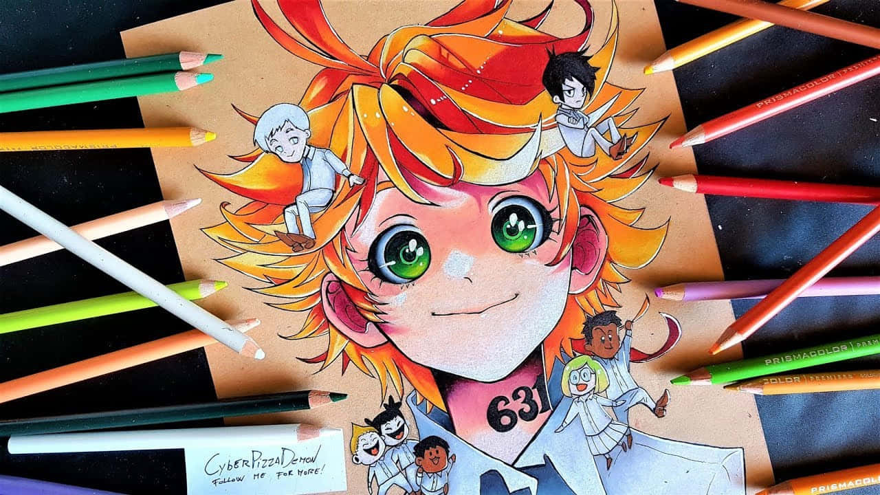 《約定的夢幻島》可愛艾瑪畫面 壁紙 — 充滿活力的動漫插圖，描繪一個微笑的角色，擁有火橙色頭髮和綠色眼睛，被彩色鉛筆包圍。