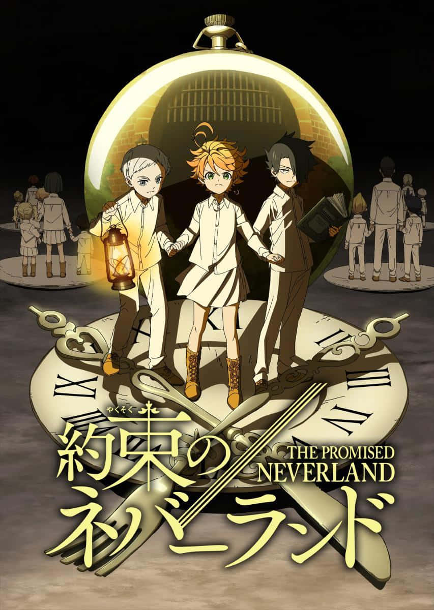《約定的夢幻島》同人畫面 壁紙 — 三個動畫小孩站在一個巨大的破鐘上，上方是發光的金色圓頂，背景有其他小孩。