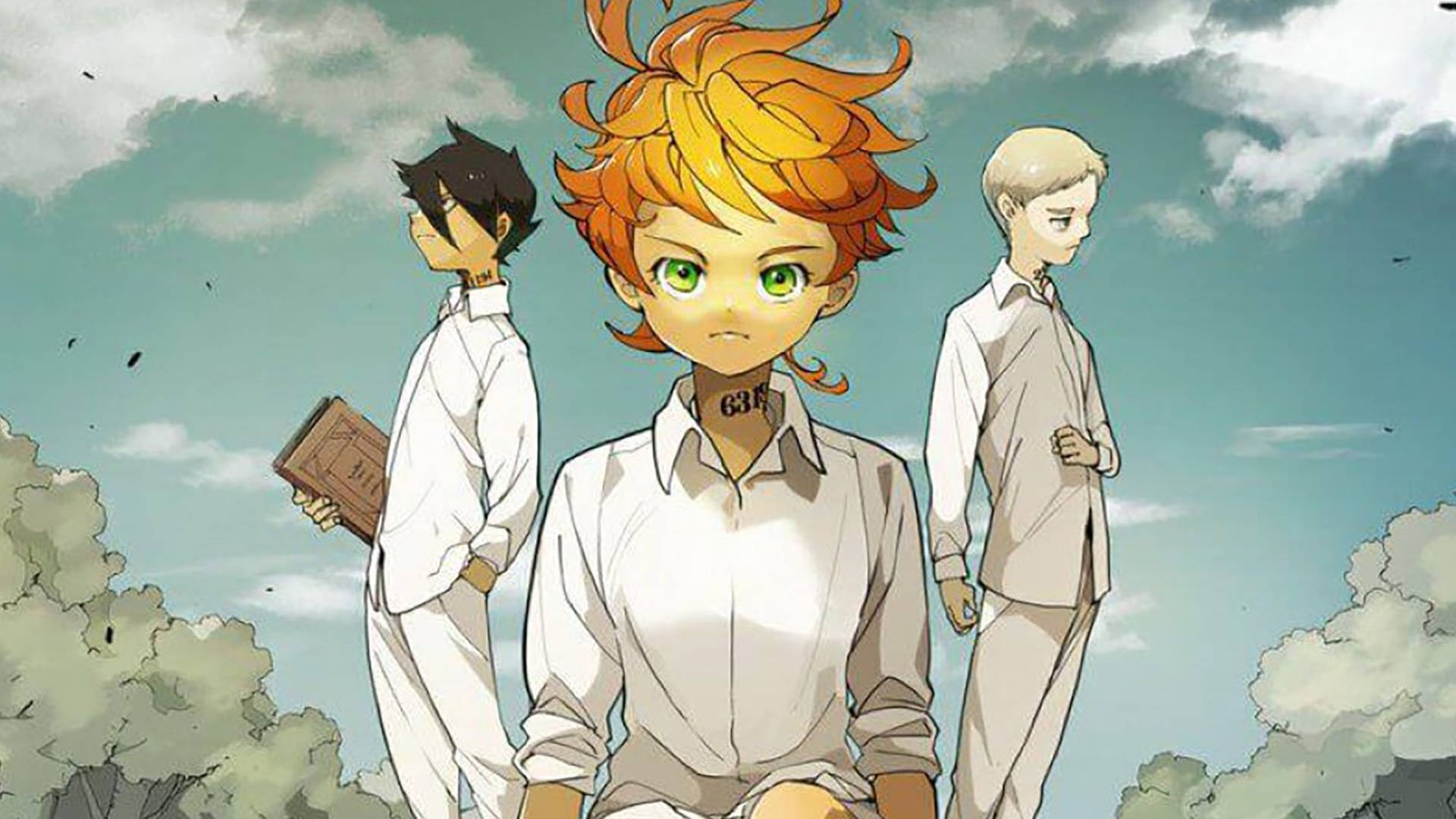 《約定的夢幻島》哀悼時刻 壁紙 — 三個身穿白色制服嘅動漫角色企喺戶外，天空多雲，周圍有樹同飛緊嘅雀仔。