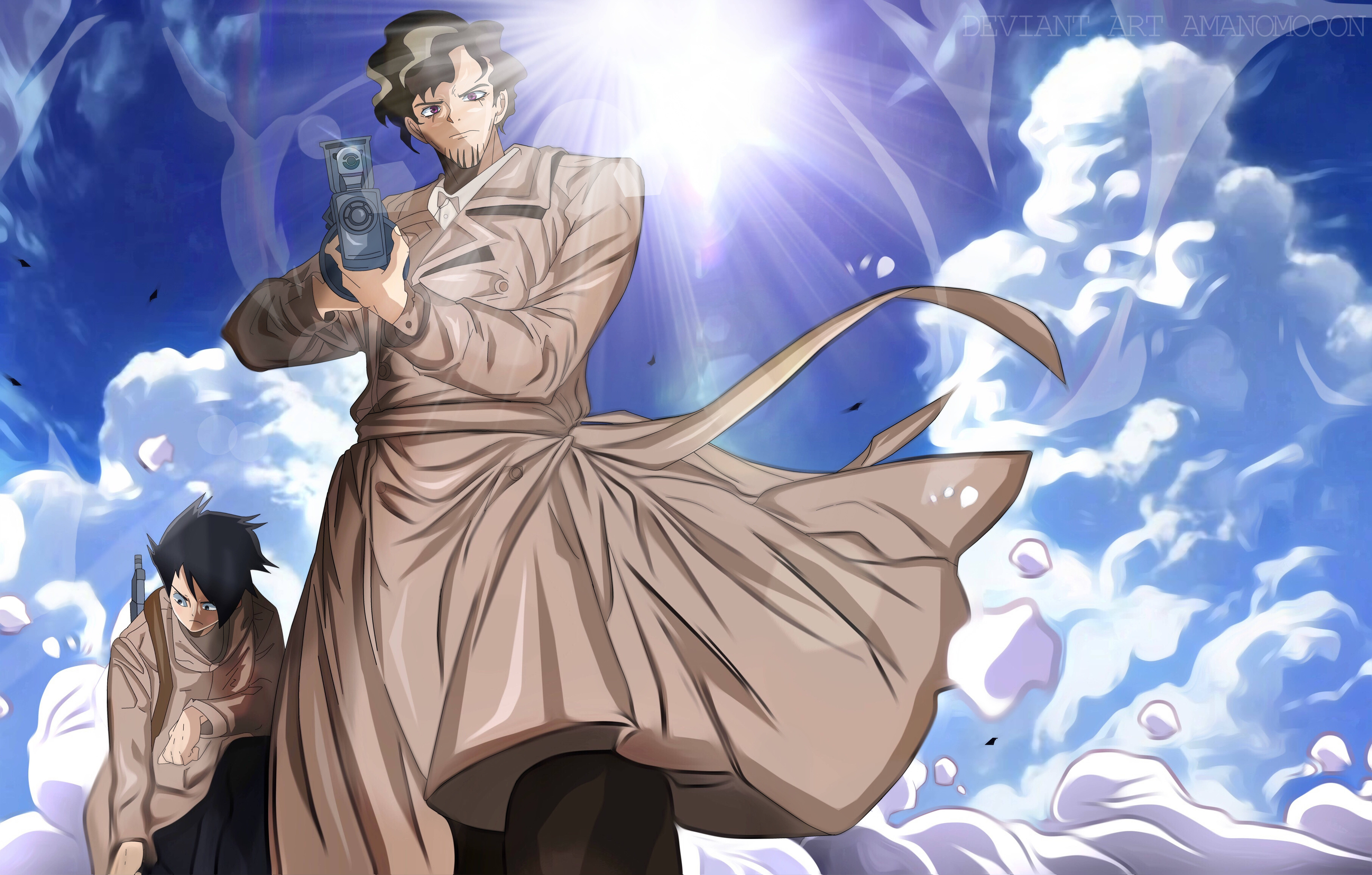《約定的夢幻島》尤戈 壁紙 — 一位穿著風衣的動漫男子，在明亮的陽光天空和旋轉的雲朵中，將相機對準天空，身旁有一位較小的同伴。