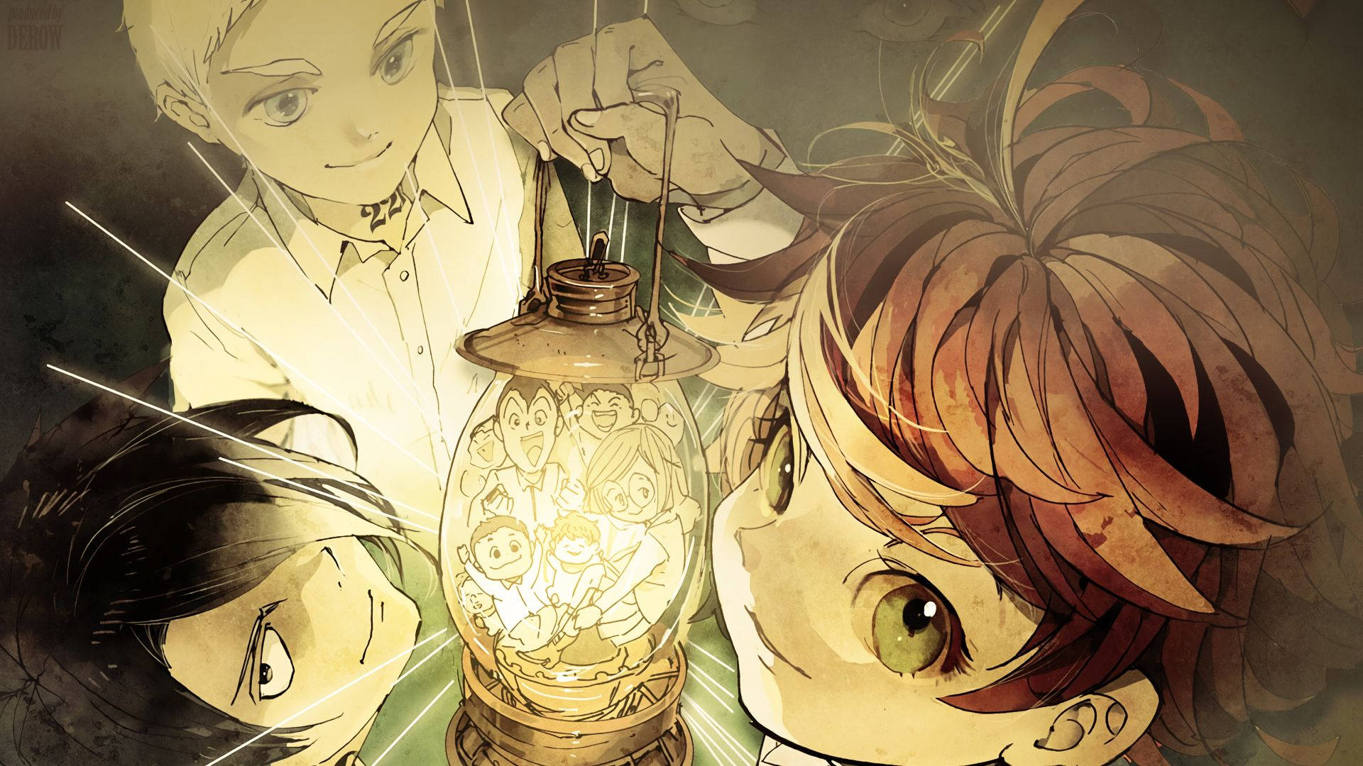 《約定的夢幻島》格雷斯菲爾德孤兒們 壁紙 — 三個動漫角色凝視著一個發光的燈籠，裡面有快樂的卡通人物，色調溫暖的懷舊棕色。