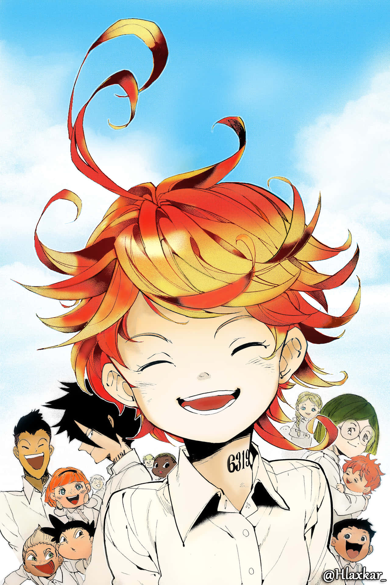 《約定的夢幻島》歡樂圖 壁紙 — 一個快樂的動漫角色，擁有火紅的橙色頭髮和燦爛的笑容，在明亮的藍天下被微笑的同齡人包圍。