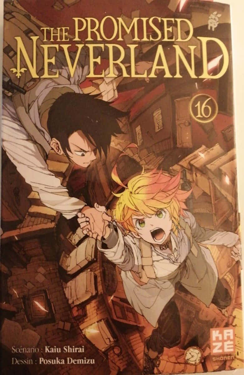 《約定的夢幻島》第16卷圖 壁紙 — 兩個動漫角色在一個混亂、充滿碎片的房間中緊緊相擁，帶有戲劇性的燈光和強烈的表情。