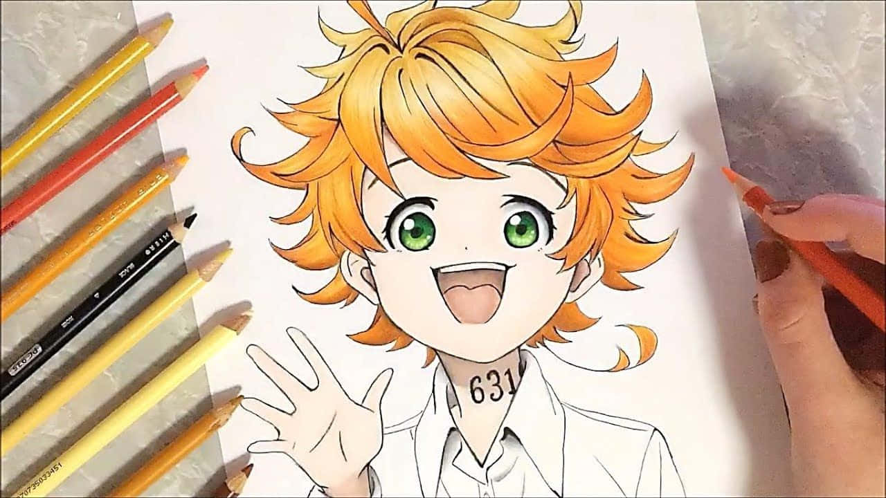 《約定的夢幻島》繪畫畫面 壁紙 — 一個開朗的動漫角色，有著尖刺的橙色頭髮和綠色眼睛，從一個被彩色鉛筆包圍的著色頁中揮手。