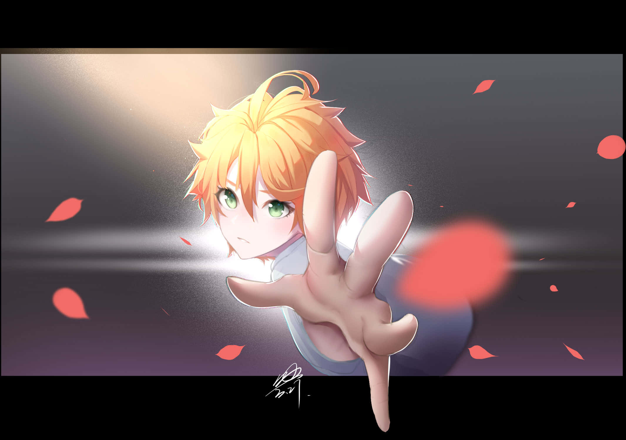 《約定的夢幻島》艾瑪 壁紙 — 一個年輕的動畫男孩，金髮綠眼，在柔和的聚光燈下，櫻花飄落在他周圍，他向前伸出手。