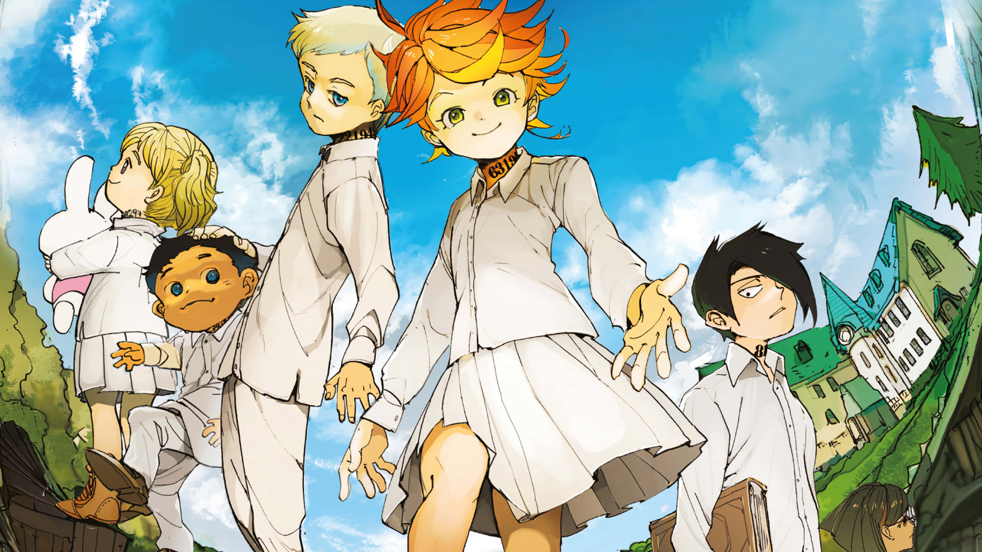 《約定的夢幻島》艾瑪 壁紙 — 五個穿著白色制服嘅動畫細路企喺山坡上，俯瞰一個喺晴朗藍天下嘅夢幻村莊。