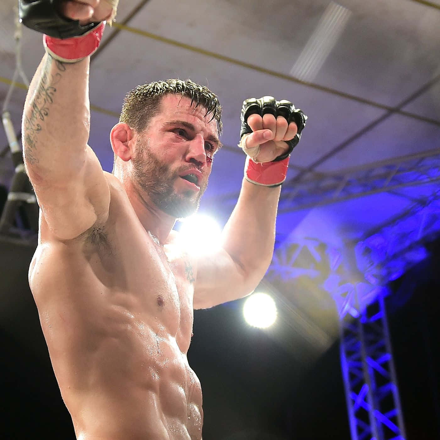 一位勝利的MMA鬥士在競技場燈光下高舉拳頭慶祝。