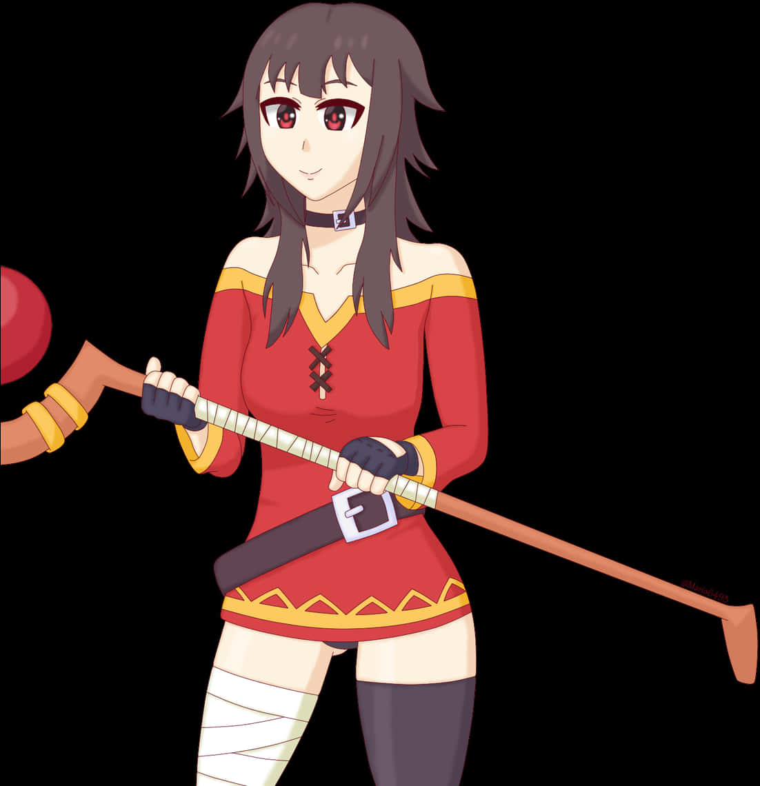 《約會大作戰》Megumin持杖形象 壁紙 — 動漫女孩，紅眼睛，黑頭髮，身穿紅金服飾，在黑色背景前揮舞大錘。