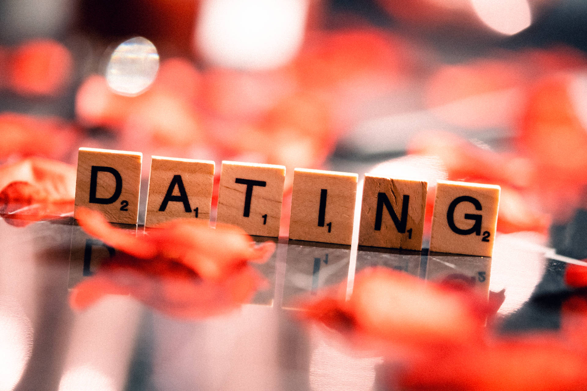 拼出 dating 的 Scrabble 拼字塊，在反光表面上被紅色玫瑰花瓣環繞。