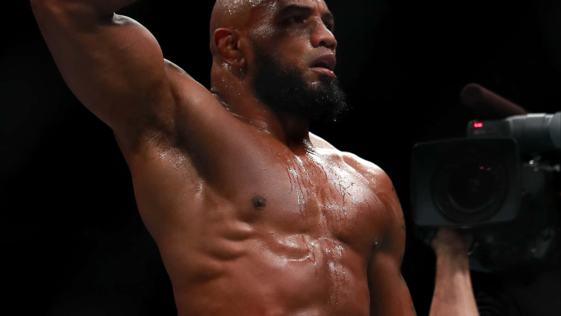 約爾·羅梅羅 UFC 205 致敬特寫 壁紙 — 一個汗流浹背的肌肉發達鬥士在明亮的競技場燈光下舉起手臂慶祝勝利，背景有一部相機。