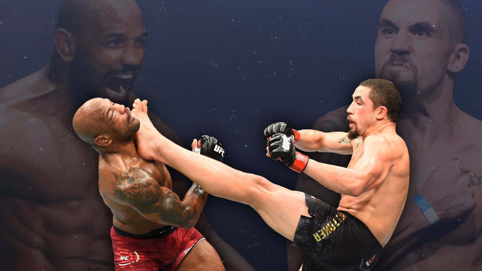 約爾·羅梅羅對決羅伯特·惠特克 UFC 225 粉絲藝術創作 壁紙 — 兩名MMA拳手在動態戰鬥場景中交鋒，其中一人踢出高踢，背景為深藍色，帶有褪色的拳手肖像。