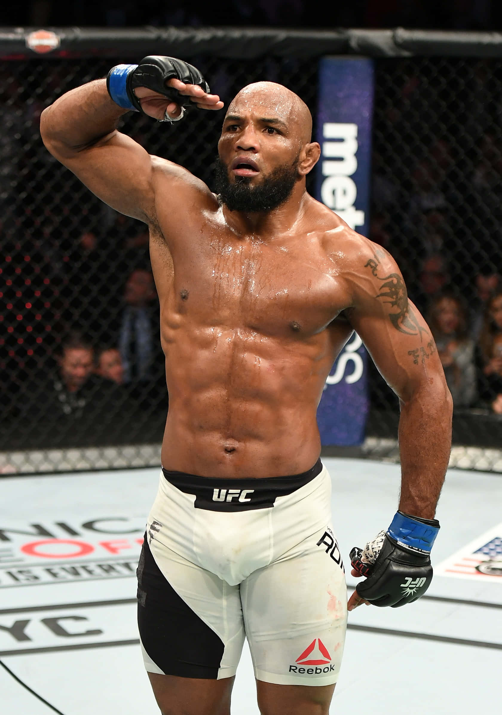 約爾·羅梅羅於UFC 205敬禮 壁紙 — 一名汗流浹背的肌肉發達拳手穿著UFC短褲，在八角籠內舉起戴著手套的手慶祝勝利，觀眾模糊不清。