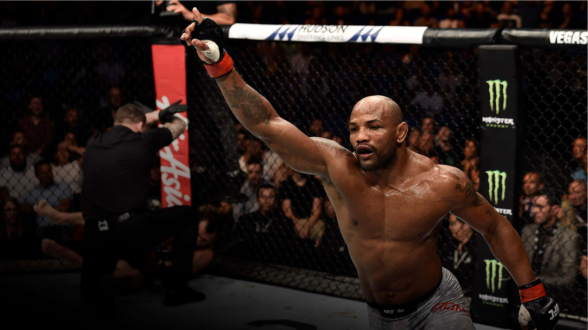 約爾·羅梅羅於UFC 221擊敗盧克·羅克霍爾德慶祝勝利 壁紙 — 一位勝利的綜合格鬥選手在燈光明亮的八角籠內，高舉戴著手套的拳頭慶祝勝利，圍欄後是歡呼的人群。