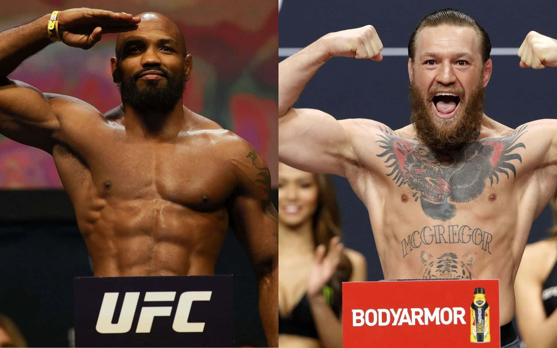 約爾·羅梅羅與康納·麥格雷戈拼貼畫 壁紙 — 兩名肌肉發達的UFC拳手在稱重時赤裸上身擺姿勢，一人敬禮，另一人展示龍紋身並繃緊肌肉。