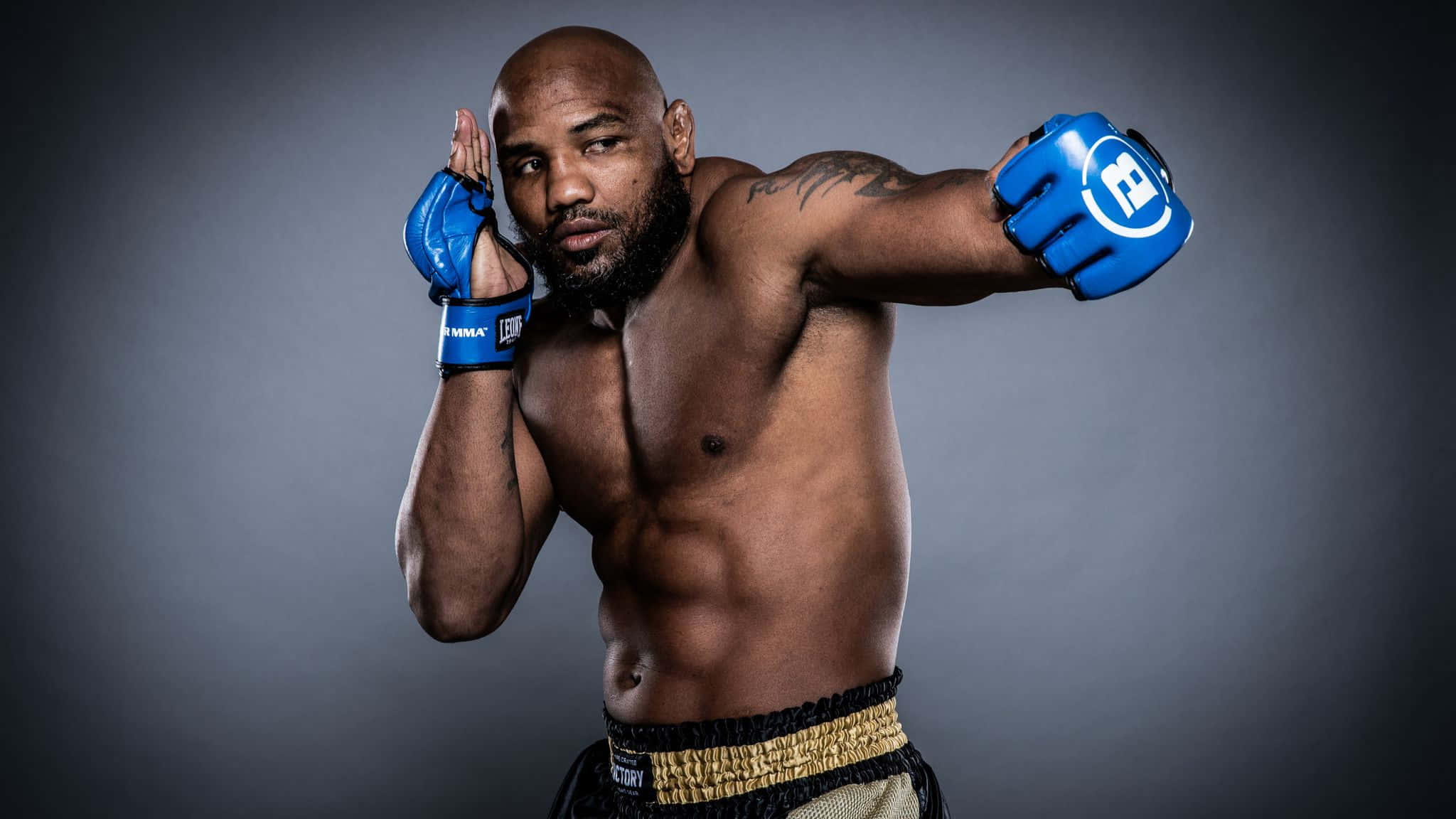 約爾·羅梅羅賽前為Bellator 266專訪專注神情 壁紙 — 一個肌肉發達、留鬍鬚的光頭戰士，戴著藍色MMA手套和金色邊短褲，在灰色工作室背景前激烈擺姿勢。