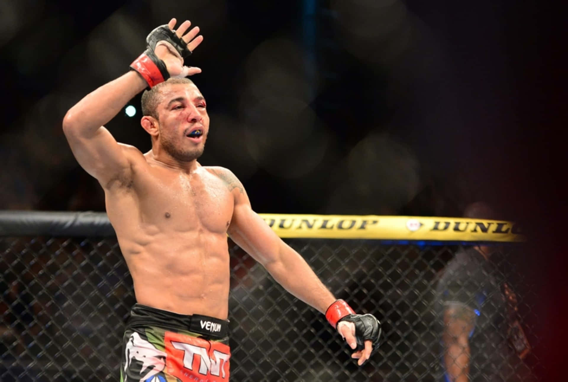 MMA拳手在八角籠中高舉一隻手臂慶祝勝利。