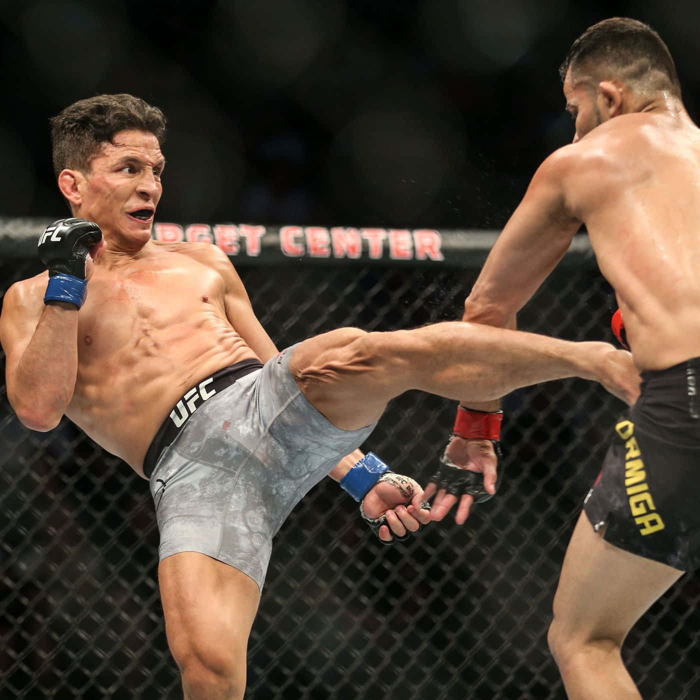 兩名男性拳手在UFC比賽中交換高踢和防守阻擋。