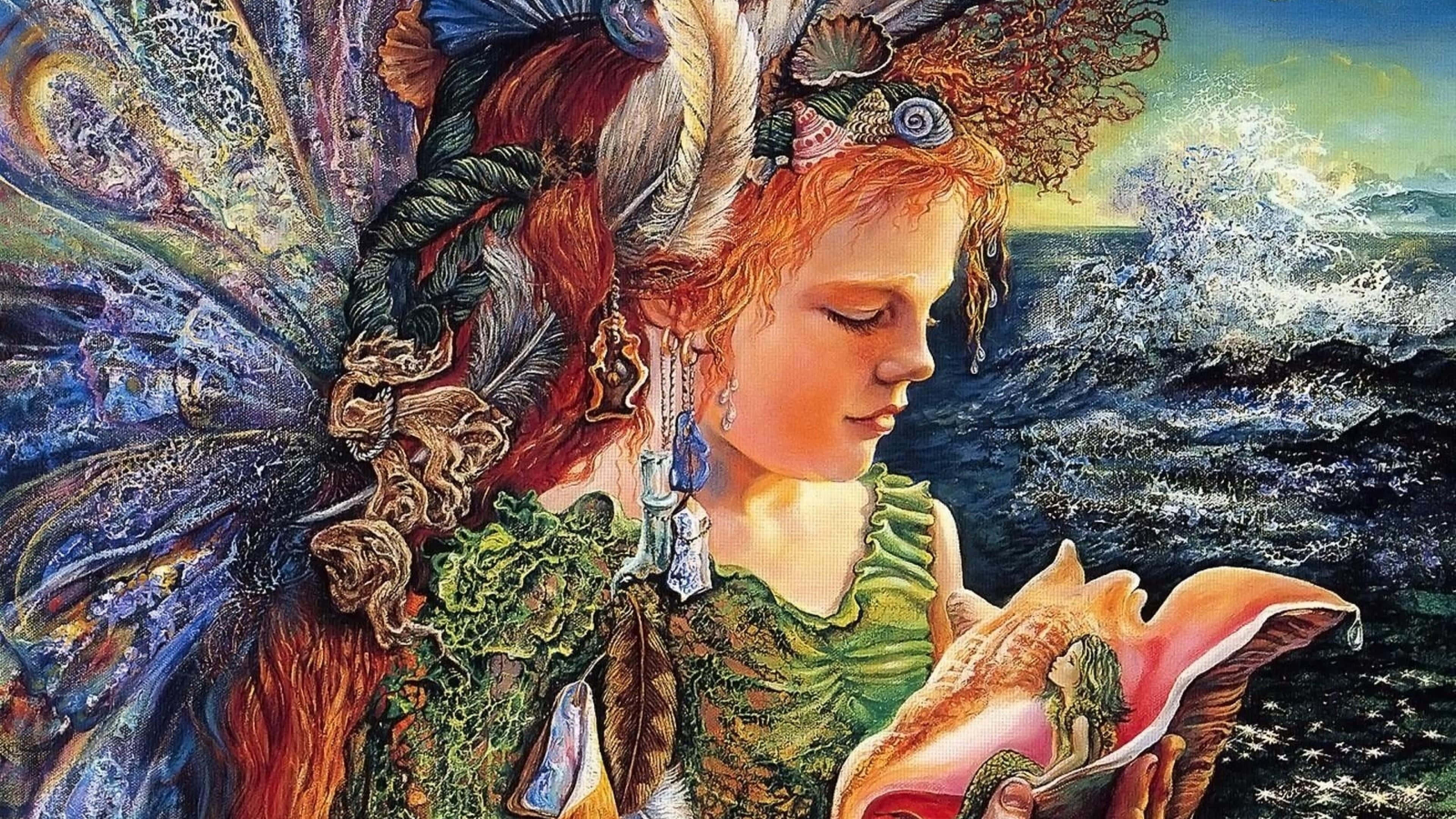 約瑟芬·沃爾畫作中的美人魚彩色圖像 壁紙 — 一位寧靜的仙子，擁有精緻的翅膀和貝殼裝飾，俯視著一個包含微型美人魚的貝殼，背景是暴風雨中的海洋。