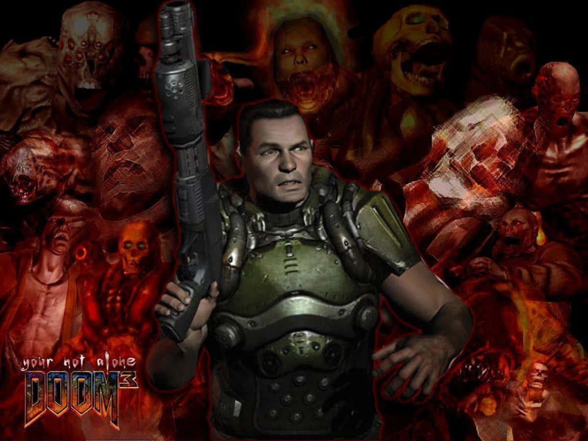 Doom士兵手持霰彈槍，在地獄中被惡魔怪物包圍。